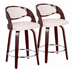 Pino 24" Mid-Century Modern Fixed-Height Counter Stool with Swivel in Cherry Wood and White Faux Leather with Round Chrome Metal Footrest by LumiSource - Set of 2