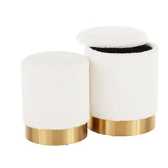 Marla Contemporary Nesting Ottoman Set in Gold Metal and Cream Plush Fabric by LumiSource