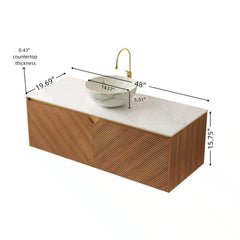 RUBEN 48" Bathroom Vanity&Sink, Floating Plywood Storage Cabinet, Twill Double Doors with Metal Trim, Stone Pattern White Bowl Ceramic Vessel Basin&Sintered Stone Top, Brown Oak Woodgrain Color