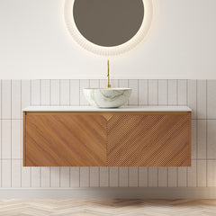 RUBEN 48" Bathroom Vanity&Sink, Floating Plywood Storage Cabinet, Twill Double Doors with Metal Trim, Stone Pattern White Bowl Ceramic Vessel Basin&Sintered Stone Top, Brown Oak Woodgrain Color