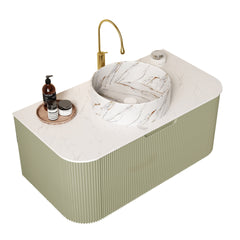 DINA 36" Bathroom Vanity with Sink, Wall-Mounted Floating Curved Edges Striped Bathroom Storage Cabinet with Drawer, White Round Ceramic Basin with Stone Pattern, Pre-assembled, Light Green Color