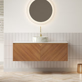 RUBEN 48" Bathroom Vanity&Sink, Floating Plywood Storage Cabinet, Twill Double Doors with Metal Trim, Matte Stone Pattern White Round Ceramic Basin&Sintered Stone Top, Brown Oak Woodgrain (New SKU)