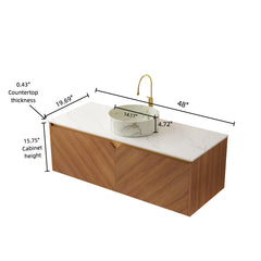 RUBEN 48" Bathroom Vanity&Sink, Floating Plywood Storage Cabinet, Twill Double Doors with Metal Trim, Matte Stone Pattern White Round Ceramic Basin&Sintered Stone Top, Brown Oak Woodgrain (New SKU)