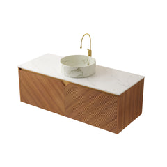 RUBEN 48" Bathroom Vanity&Sink, Floating Plywood Storage Cabinet, Twill Double Doors with Metal Trim, Matte Stone Pattern White Round Ceramic Basin&Sintered Stone Top, Brown Oak Woodgrain (New SKU)