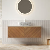 RUBEN 48" Bathroom Vanity&Sink, Floating Plywood Storage Cabinet, Twill Double Doors with Metal Trim, Marble Pattern Ceramic Vessel Basin&Carrara White Sintered Stone Top, Brown Oak Woodgrain Color