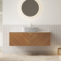 RUBEN 48" Bathroom Vanity&Sink, Floating Plywood Storage Cabinet, Twill Double Doors with Metal Trim, Marble Pattern Ceramic Vessel Basin&Carrara White Sintered Stone Top, Brown Oak Woodgrain Color