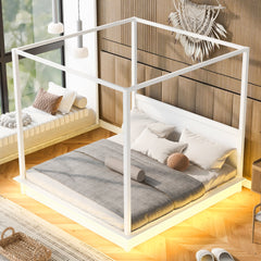 King Size Wood LED Canopy Bed ,Canopy Platform bed With Support Slats, No Box Spring Needed, White