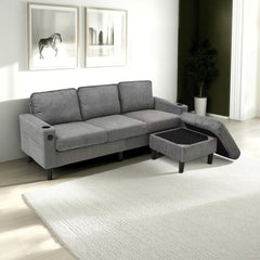 light grey color knock down 3-seat combo sofa with storage ottoman for living room apartment bedroom and compact room, Upholstered sectional Couch, L Shaped Bench with a footrest, a individual storage