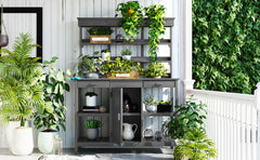 TOPMAX 66'' Large Outdoor Farmhouse Wooden Potting Bench Table, Garden Workstation with 2 Drawers,Cabinet and Open Shelves for Backyard, Mudroom, Gray