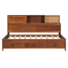 Twin Size Wooden Daybed with 3 Storage Drawers, Upper Soft Board, shelf, and a set of Sockets and USB Ports, Walnut