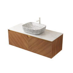 RUBEN 48" Wall-Mounted Brown Oak Plywood Cabinet and Carrara White Sintered Stone Countertop, NO Basin, NO Faucet and Sink Cove