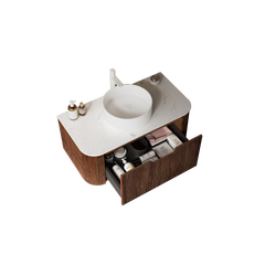 DINA 36" Bathroom Vanity with Sink, Wall-Mounted Floating Curved Edges Striped Bathroom Storage Cabinet with Drawer, White Ceramic Basin without Faucet, Pre-assembled, Dark Walnut Woodgrain Color