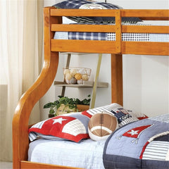 Oak Finish Transitional Style Twin Over Full Bunk Bed Upper Bed Rails Angled Ladder Bold Curved Wood Design