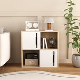 Modern Wooden Storage Cabinet with Sliding Doors,2-Tier Open and Closed Shelves Organizer,Natural Wood Finish with White Panels,for Living Room,Bedroom,or Kids'Room