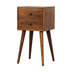 Solid Wood Mini Nightstand, 2-Drawers, Chestnut, Dark Brown