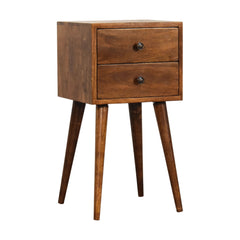 Solid Wood Mini Nightstand, 2-Drawers, Chestnut, Dark Brown