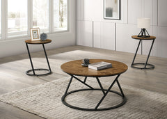 Natural Finish Contemporary 3pc Table Set 1x Coffee Table 2x End Table Decorative Abstract Metal Base Primary Living Room