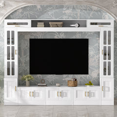 VIBE HAUS 98.4" W Wall Unit Entertainment Center with Bookshelves for TVs up to 80", Modern TV Stand Media Console with Cabinets, Tempered Glass Doors and Adjustable Shelves for Living Room