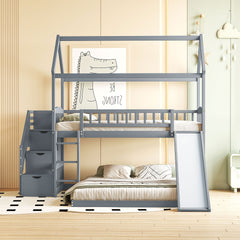 Twin Over Full Bunk Bed with Slide, House Bed with Slide, Gray