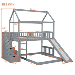 Twin Over Full Bunk Bed with Slide, House Bed with Slide, Gray