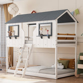 Twin Over Twin Bunk Bed Wood Bed with Roof, Window, Guardrail, Ladder (White)