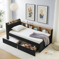 Twin Size Upholstery Velvet Day Bed with Storage Headboard and Wireless Charging, Multi-functional Daybed with Two Storage Drawers & LED Lights, Black
