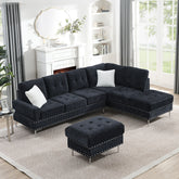 Sectional 3-Seaters Sofa with Chaise, Storage Ottoman, Metal Legs and Copper Nails,Two White Pillows ,Navy Bule(102" x 76" x35")
