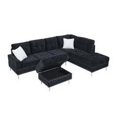 Sectional 3-Seaters Sofa with Chaise, Storage Ottoman, Metal Legs and Copper Nails,Two White Pillows ,Navy Bule(102" x 76" x35")