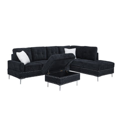 Sectional 3-Seaters Sofa with Chaise, Storage Ottoman, Metal Legs and Copper Nails,Two White Pillows ,Navy Bule(102" x 76" x35")