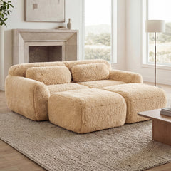 80''Soft Plush Fabric,Boneless Sofa,No Assembly Required,Bottom Anti-Slip Design With Chaise,With Ottoman,Deep Seat Design,32D High Density Sponge Free Combination For Study,Light Khaki