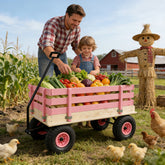 Pink Wooden Kids Pull Wagon with All Terrain Wheels, Heavy Duty Outdoor Garden Cart for Toddlers, Portable Toy Wagon for Beach, Camping & Backyard Play