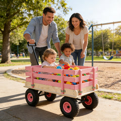 Pink Wooden Kids Pull Wagon with All Terrain Wheels, Heavy Duty Outdoor Garden Cart for Toddlers, Portable Toy Wagon for Beach, Camping & Backyard Play