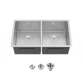 33"x19" Embedded Double Bowl Kitchen Sink, Undermount Handmade Sink in Brushed (Sink only)