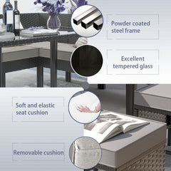 Small space patio furniture 7-piece outdoor furniture set, backyard furniture set, waterproof seat cushion, glass table, space saving, suitable for backyard, terrace or garden,blue,grey