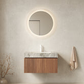 MURI 30" Bathroom Vanity with Sink, Wall-Mounted Plywood Bathroom Storage Cabinet with Drawer and Door, Light Gray Sintered Stone Countertop and Ceramic Basin, Pre-assembled, Brown Oak Woodgrain Color