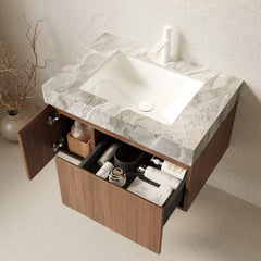 MURI 30" Bathroom Vanity with Sink, Wall-Mounted Plywood Bathroom Storage Cabinet with Drawer and Door, Light Gray Sintered Stone Countertop and Ceramic Basin, Pre-assembled, Brown Oak Woodgrain Color