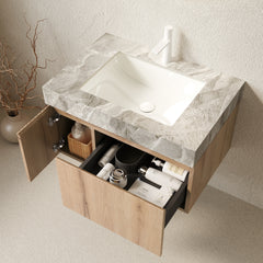 MURI 30" Bathroom Vanity&Sink, Floating Plywood Storage Cabinet with Drawer&Door, Light Gray Sintered Stone Top&Ceramic Basin with 1 Pre-drilled Faucet Hole, Pre-assembled, White Oak Woodgrain Color