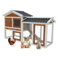 58" Wooden Outdoor Indoor Roof Waterproof Bunny Hutch Rabbit Cage Guinea Pig Coop PET House for Small to Medium Animals with Stairs and Cleaning Tray
