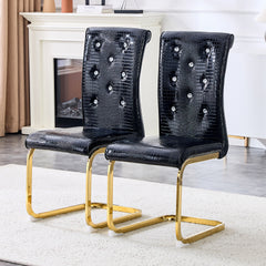 Set of 4,Retro alligator skin Upholstered dining chairs,with Crystal buckle design and Faux Leather design,a touch of elegance and mystery to the dining area,Gold plated metal bow leg