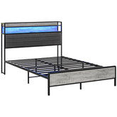 HOMCOM Full Size Bed Frame with Storage Headboard, Upholstered Platform Bed Frame with LED Lights, Charging Station, Steel Slats, Noise-Free & Easy Assembly, No Box Spring Needed, Cement Gray