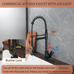 Kitchen Sink Faucet with LED Pull Down Sprayer, Commercial Single Handle High Arc Kitchen Faucet, Spring Sink Faucets with Deck Plate, Dual Spouts, Stainless Steel