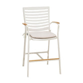 Isora Outdoor Patio Aluminum Barstool in Light Matte Sand with Natural Teak Wood Accent