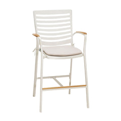 Isora Outdoor Patio Aluminum Barstool in Light Matte Sand with Natural Teak Wood Accent