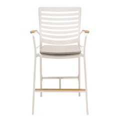 Isora Outdoor Patio Aluminum Barstool in Light Matte Sand with Natural Teak Wood Accent