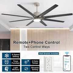 76 inch Smart App Controlled DC Motor Ceiling Fan with Light, Dimmable 3-Color LED, 6-Speed, Reversible, Remote, Timer, for Large Room
