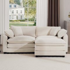 Corduroy Two-Seater Sofa with 1 Footrest, L-Shaped 2-Seater Sofa with Ottoman for Small Living Spaces, Light Beige Corduroy Sofa