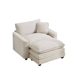Comfortable Single Chair Deep Seat Sofa With Footstool With One Pillow, Accent Chair with Ottoman Suitable for Living Room and Bedroom and Reading Room, Light Beige Corduroy Fabric