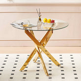 Golden Dining Table with cross metal leg and glass,Modern Space Saving Kitchen Table for Living Room