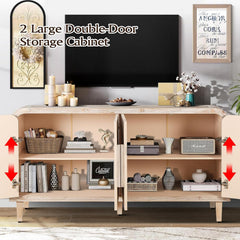 59'' Farmhouse Curved Vintage Storage Sideboard with Large Wooden Handles, Vertical Wood Grain Carving and Adjustable Shelves for Kitchen,Dining Room (Natural Wood Washed)