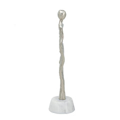 3.5x3x12" Abstract Aluminum Human Figurine on Marble Stand, Silver/White